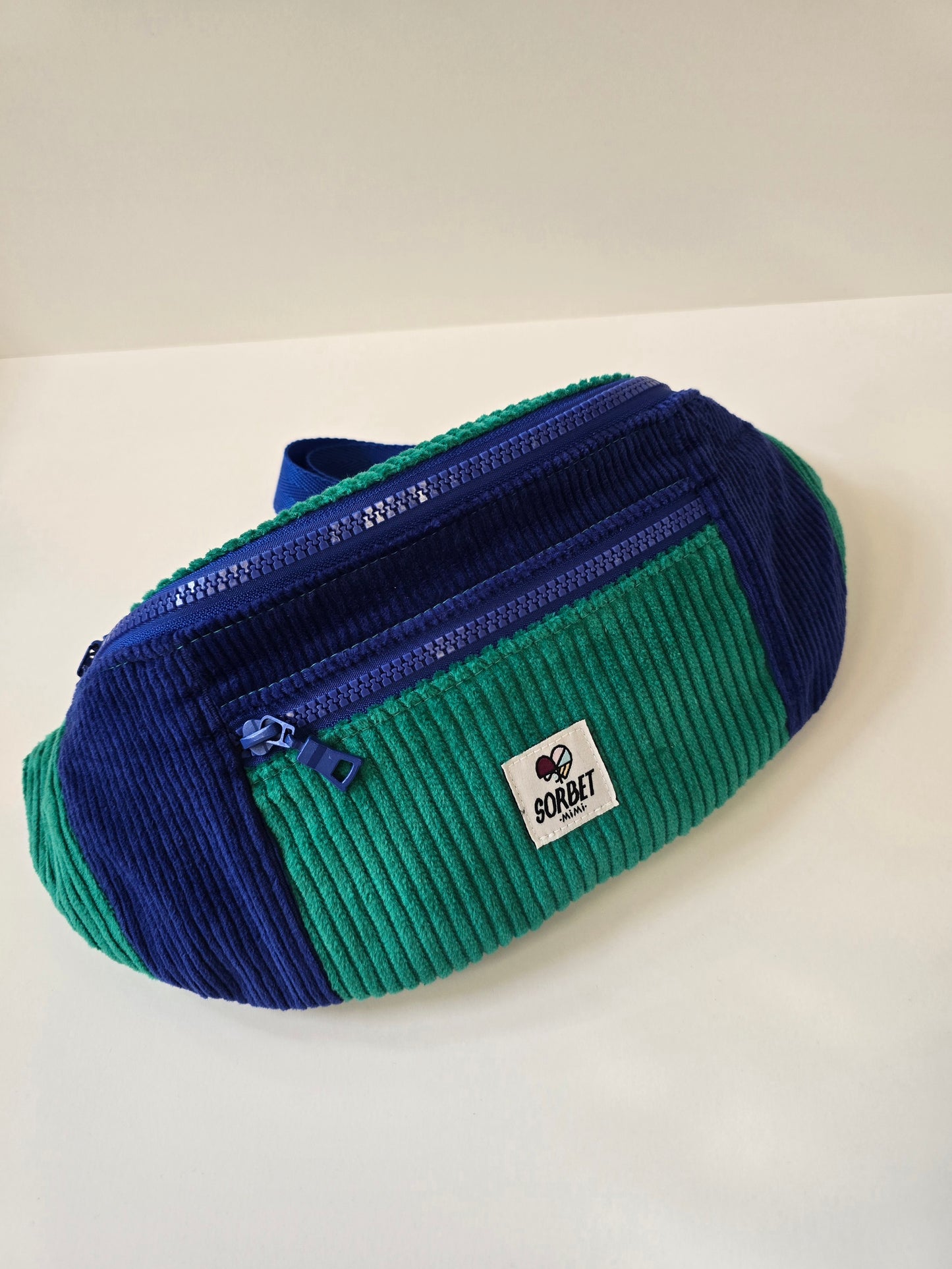 Grande sac banane velours vert/bleu