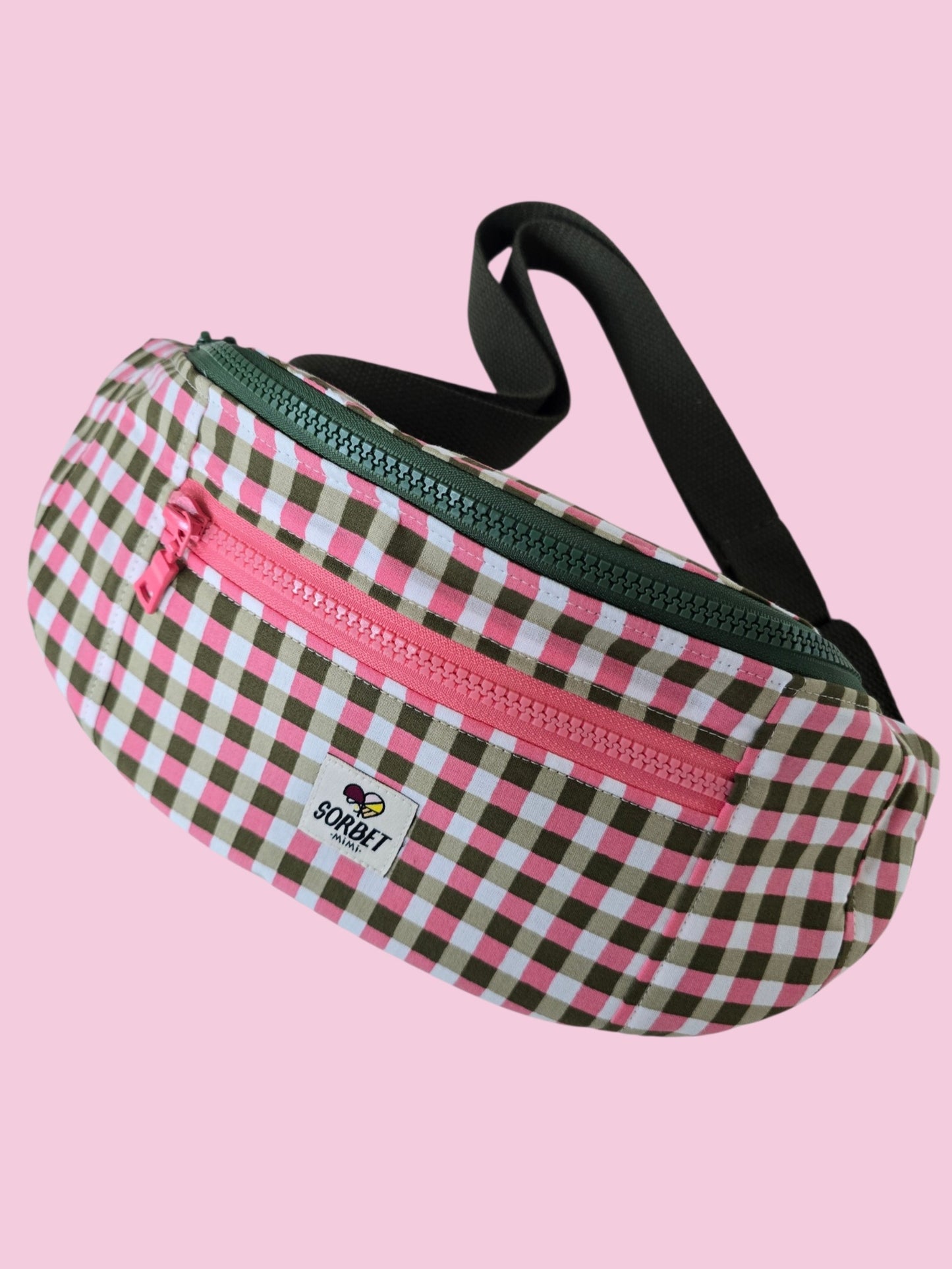 Grand sac banane vichy rose et vert