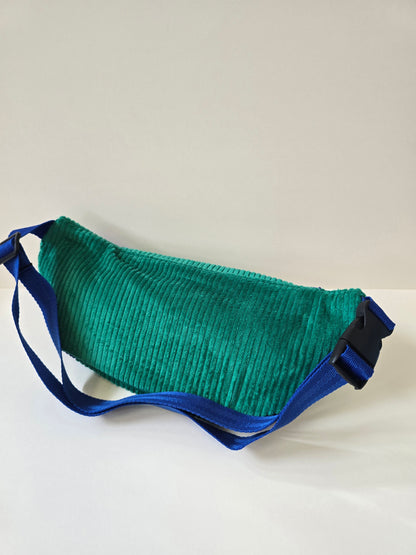 Grande sac banane velours vert/bleu